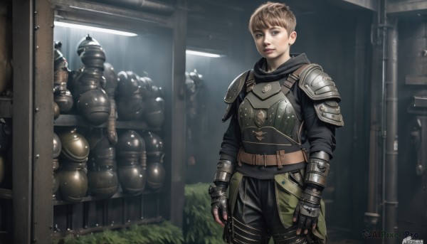 1girl,solo,looking at viewer,short hair,bangs,brown hair,gloves,brown eyes,standing,weapon,cowboy shot,solo focus,black gloves,belt,pants,artist name,signature,hood,fingerless gloves,armor,dated,lips,grey eyes,helmet,shoulder armor,gauntlets,pauldrons,breastplate,realistic,door,very short hair,leather,knight,full armor,plate armor