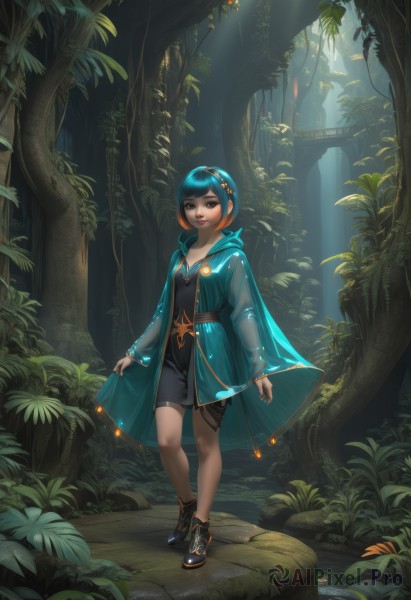 1girl,solo,breasts,looking at viewer,smile,short hair,bangs,hair ornament,long sleeves,dress,brown eyes,jewelry,closed mouth,blue hair,standing,full body,multicolored hair,small breasts,boots,outdoors,parted lips,open clothes,shoes,shorts,artist name,hood,blunt bangs,water,cape,nail polish,black footwear,black eyes,black dress,tree,lips,see-through,leaf,watermark,black shorts,short dress,sunlight,bob cut,hood down,grass,plant,nature,black nails,scenery,cloak,forest,ankle boots,blue cape,holding,bike shorts,web address,fantasy,wand