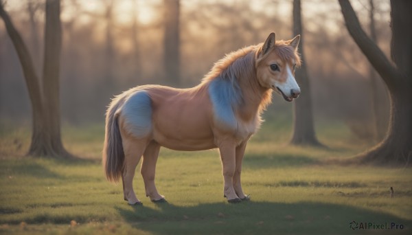 HQ,solo,blue eyes,standing,full body,outdoors,day,signature,blurry,from side,tree,pokemon (creature),no humans,depth of field,blurry background,animal,grass,nature,forest,dog,realistic,animal focus,looking at viewer,wolf