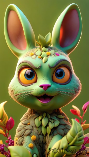 solo,looking at viewer,smile,open mouth,blue eyes,simple background,animal ears,upper body,flower,artist name,blurry,gradient,gradient background,no humans,:3,animal,leaf,happy,plant,furry,colored sclera,green background,yellow sclera,whiskers,buck teeth,food,rabbit ears,watermark,cat,web address,rabbit,animal focus