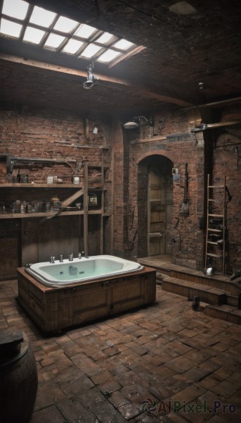 day,indoors,water,no humans,window,table,sunlight,scenery,stairs,door,lamp,candle,bath,brick wall,stool,bathtub,barrel,faucet,artist name,signature,bottle,light rays,wooden floor,fantasy,light,wall,bar (place),arch,candlestand,chandelier,brick floor