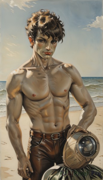 solo,looking at viewer,blush,short hair,brown hair,black hair,1boy,navel,holding,brown eyes,closed mouth,nipples,standing,collarbone,male focus,cowboy shot,outdoors,sky,day,belt,pants,cloud,dark skin,water,black eyes,blue sky,lips,hand on hip,muscular,fruit,ocean,beach,abs,helmet,pectorals,headwear removed,toned,topless male,realistic,sand,brown pants,toned male,helmet removed,holding helmet,piercing,sunlight,cloudy sky,muscular male