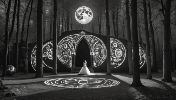 1girl,solo,long hair,dress,standing,monochrome,greyscale,outdoors,tree,night,moon,nature,scenery,full moon,forest,robe,magic circle,bare tree,orb,hood,cloak,hood up,wide shot