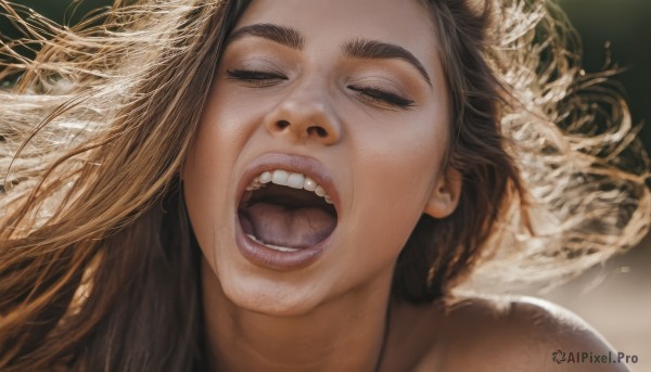 1girl,solo,long hair,open mouth,blonde hair,brown hair,closed eyes,multicolored hair,teeth,tongue,lips,makeup,floating hair,thick eyebrows,portrait,facing viewer,realistic,nose,eyelashes,parody,half-closed eyes,close-up,uvula