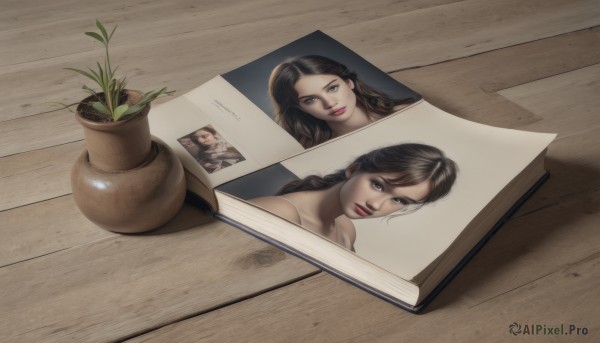 1girl,solo,long hair,looking at viewer,smile,brown hair,black hair,brown eyes,braid,indoors,lips,book,shadow,plant,wooden floor,open book,realistic,potted plant,photo (object),flower pot,reference inset