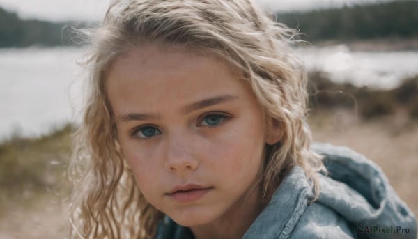 1girl,solo,long hair,looking at viewer,blue eyes,blonde hair,closed mouth,jacket,outdoors,hood,blurry,lips,depth of field,blurry background,wavy hair,expressionless,hood down,messy hair,portrait,close-up,forehead,freckles,curly hair,realistic,nose,day,snow,winter