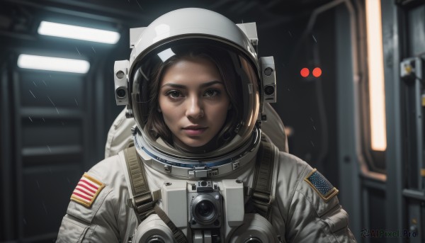 1girl,solo,looking at viewer,smile,short hair,brown hair,black hair,brown eyes,closed mouth,upper body,indoors,blurry,lips,blurry background,helmet,science fiction,rain,realistic,nose,camera,american flag,spacesuit,japanese flag,space helmet,astronaut,portrait,reflection,space