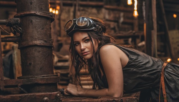 1girl,solo,long hair,looking at viewer,brown hair,black hair,dress,bare shoulders,brown eyes,jewelry,earrings,parted lips,sleeveless,artist name,indoors,mole,blurry,black eyes,black dress,from side,lips,leaning forward,sleeveless dress,depth of field,blurry background,goggles,freckles,goggles on head,realistic,nose,wrench,industrial pipe,steampunk,hat,belt,tank top,dirty