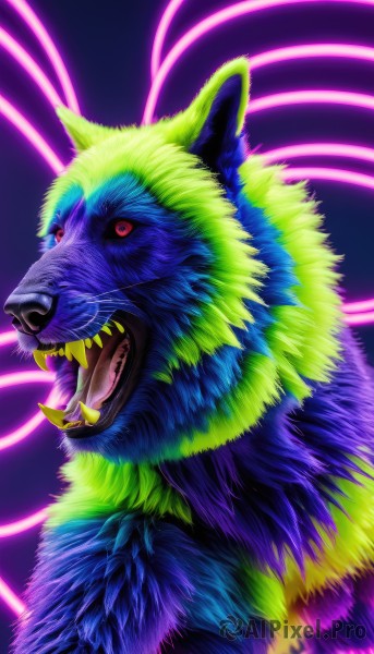 solo,looking at viewer,open mouth,red eyes,upper body,teeth,tongue,pokemon (creature),no humans,animal,fangs,sharp teeth,purple background,realistic,animal focus,whiskers,simple background,signature,dog