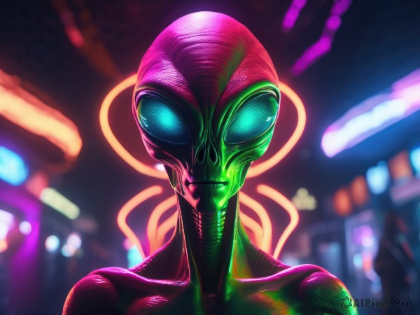 solo,looking at viewer,blue eyes,1boy,upper body,male focus,blurry,bodysuit,mask,depth of field,blurry background,glowing,portrait,superhero,1girl,science fiction,alien,neon lights