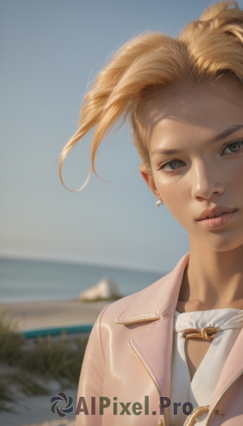 1girl,solo,looking at viewer,short hair,blonde hair,jewelry,jacket,upper body,earrings,outdoors,parted lips,sky,day,blurry,blue sky,lips,grey eyes,depth of field,blurry background,ocean,wind,portrait,close-up,freckles,realistic,nose,smile,blue eyes,shirt,closed mouth,white shirt,artist name,water,necklace,eyelashes,beach,backlighting,brown jacket