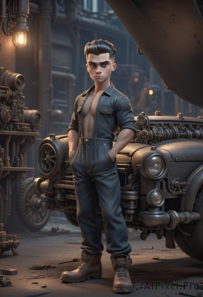 solo,looking at viewer,short hair,black hair,1boy,navel,brown eyes,standing,jacket,full body,male focus,boots,open clothes,pants,lips,brown footwear,abs,robot,ground vehicle,motor vehicle,sleeves rolled up,science fiction,realistic,hands in pockets,overalls,undercut,motorcycle,jumpsuit,shell casing,brown hair,closed mouth,shoes,artist name,open jacket,open shirt,suspenders,pectorals,denim,pocket,hand in pocket,blue pants,male child,cyberpunk