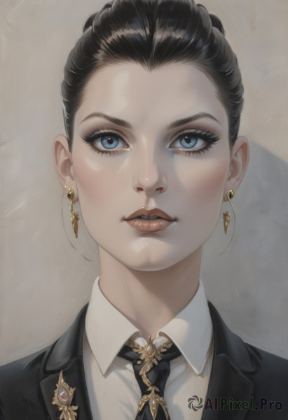 1girl,solo,looking at viewer,short hair,blue eyes,shirt,black hair,jewelry,jacket,white shirt,earrings,parted lips,necktie,collared shirt,grey background,hair bun,lips,black jacket,eyelashes,makeup,formal,single hair bun,suit,gem,portrait,black necktie,realistic,hair pulled back,simple background,upper body,eyeshadow,brown background,black suit