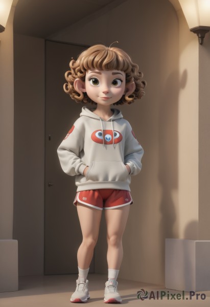 1girl,solo,looking at viewer,smile,short hair,bangs,brown hair,long sleeves,brown eyes,closed mouth,standing,full body,shoes,shorts,socks,indoors,hood,flat chest,lips,loli,short shorts,hoodie,shadow,white footwear,hood down,white socks,sneakers,child,curly hair,hands in pockets,door,drawstring,female child,red shorts,white hoodie,grey hoodie,hallway