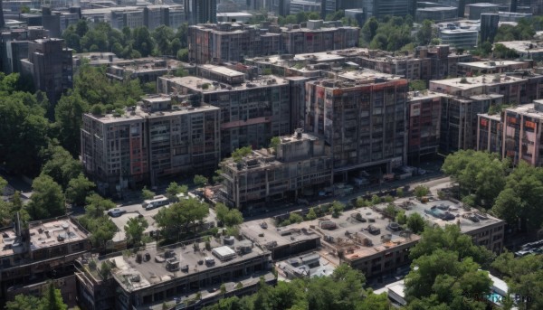 outdoors,day,tree,no humans,window,building,scenery,city,cityscape,ruins,overgrown,signature,ground vehicle,motor vehicle,car,bridge,skyscraper