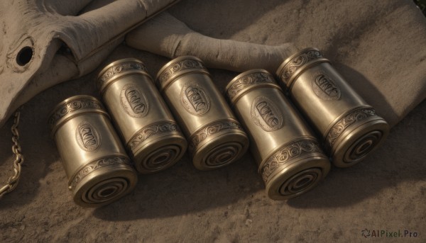 solo,outdoors,no humans,shadow,chain,skull,sand,creature,brown theme,close-up,realistic,gold,still life,wood