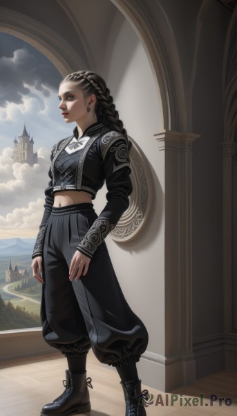 1girl,solo,long hair,shirt,black hair,long sleeves,bow,navel,brown eyes,jewelry,standing,full body,braid,earrings,boots,outdoors,sky,day,midriff,pants,cloud,black footwear,lips,single braid,makeup,black pants,cloudy sky,shield,braided ponytail,nose,castle,puffy pants,crop top,cross-laced footwear,realistic