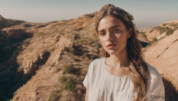 1girl,solo,long hair,looking at viewer,brown hair,shirt,dress,brown eyes,collarbone,white shirt,upper body,braid,short sleeves,outdoors,parted lips,sky,day,white dress,lips,mountain,realistic,nose,blonde hair,sunlight,scenery,hair over shoulder,rock,landscape,cliff,fine art parody