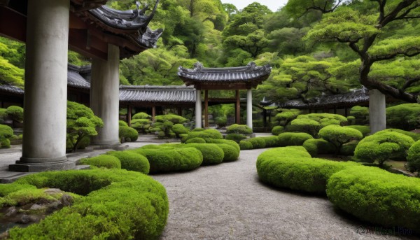 outdoors,day,tree,no humans,grass,plant,building,nature,scenery,forest,rock,road,bush,torii,architecture,east asian architecture,pillar,shrine,path,moss,stone lantern,real world location,sky