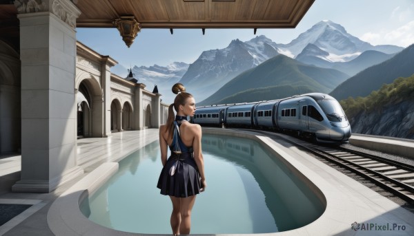 1girl,solo,long hair,brown hair,dress,bare shoulders,jewelry,standing,earrings,outdoors,sky,sleeveless,day,water,hair bun,from behind,blue sky,sleeveless dress,blue dress,single hair bun,ground vehicle,scenery,reflection,mountain,backless outfit,backless dress,bridge,train,ponytail,choker,cloud,back,realistic,aircraft