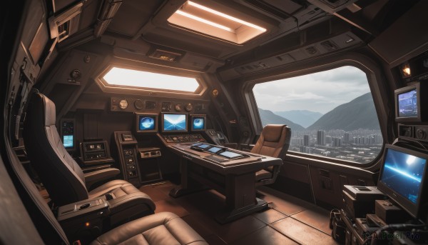 sky,cloud,indoors,no humans,window,chair,building,scenery,science fiction,mountain,city,cityscape,computer,monitor,drawing tablet,car interior,cockpit,seat,realistic,landscape,spacecraft,screen