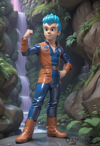 solo,smile,short hair,blue eyes,long sleeves,1boy,brown eyes,blue hair,standing,jacket,full body,male focus,boots,shiny,belt,artist name,signature,water,hand on hip,bodysuit,leaf,watermark,plant,spiked hair,clenched hand,nature,shiny clothes,realistic,hair slicked back,waterfall,orange footwear,vest,zipper,rock