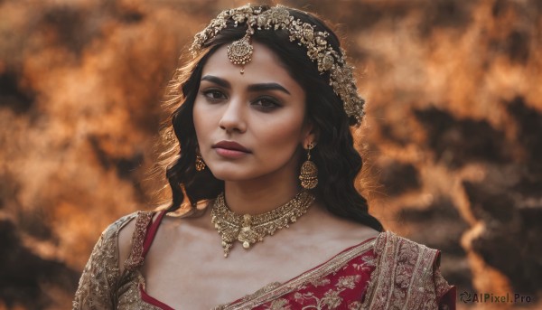 1girl,solo,long hair,looking at viewer,brown hair,black hair,hair ornament,dress,brown eyes,jewelry,closed mouth,collarbone,upper body,earrings,necklace,blurry,black eyes,lips,blurry background,tiara,portrait,freckles,realistic,gem