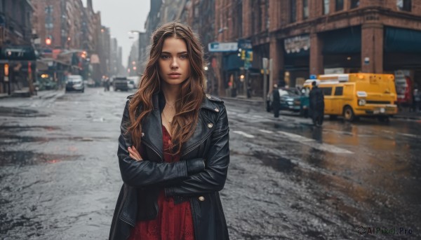 1girl,solo,long hair,looking at viewer,blue eyes,brown hair,dress,brown eyes,jewelry,jacket,outdoors,open clothes,solo focus,necklace,blurry,lips,coat,black jacket,blurry background,crossed arms,red dress,ground vehicle,building,motor vehicle,city,realistic,car,road,leather,street,leather jacket,photo background,real world location,breasts,long sleeves,cleavage,medium breasts,standing,day,depth of field,rain