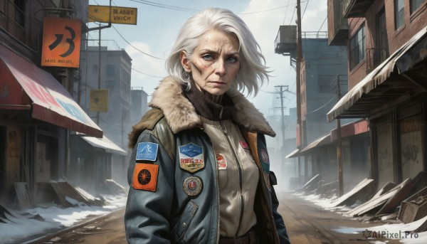 HQ,1girl,solo,breasts,looking at viewer,short hair,blue eyes,jewelry,medium breasts,closed mouth,jacket,upper body,white hair,earrings,outdoors,open clothes,sky,day,belt,cloud,medium hair,sweater,open jacket,lips,coat,fur trim,blood,turtleneck,scar,ground vehicle,wind,building,motor vehicle,scar on face,snow,zipper,fur collar,injury,city,sign,realistic,nose,car,road,old,badge,power lines,street,utility pole,road sign,bomber jacket,patch,old woman,shirt,long sleeves,standing,pants,english text,makeup,scenery,science fiction,pocket,open coat,turtleneck sweater,emblem,unzipped,cityscape,breast pocket,dirty,old man,winter coat,debris,dirty face,wrinkled skin