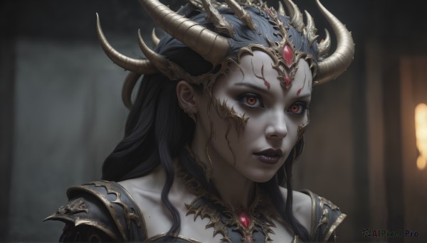 HQ,1girl,solo,long hair,looking at viewer,black hair,red eyes,jewelry,collarbone,parted lips,horns,teeth,indoors,armor,blurry,lips,orange eyes,makeup,blurry background,colored skin,facial mark,lipstick,shoulder armor,gem,pale skin,portrait,red lips,grey skin,black lips,earrings,close-up,realistic,nose,purple lips