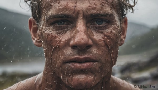 solo,looking at viewer,short hair,brown hair,black hair,1boy,closed mouth,male focus,outdoors,day,water,blurry,lips,wet,grey eyes,depth of field,blurry background,portrait,close-up,rain,realistic,wet hair,blue eyes,facial hair,scar,veins,serious