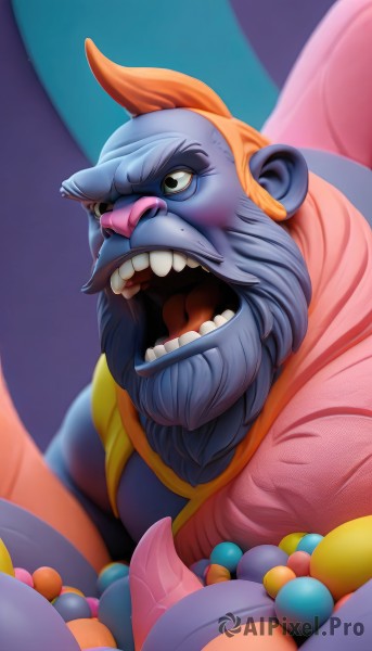 solo,open mouth,1boy,upper body,male focus,teeth,tongue,cape,black eyes,colored skin,facial hair,beard,beads,mustache,blue skin,parody,realistic,nose,bald,pink skin,wrinkled skin