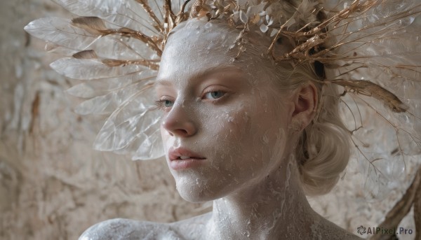 1girl,solo,looking at viewer,blue eyes,blonde hair,hair ornament,parted lips,blurry,lips,wet,grey eyes,eyelashes,depth of field,blurry background,portrait,close-up,realistic,nose,wings,crown