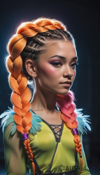 1girl,solo,long hair,breasts,looking at viewer,blush,black hair,hair ornament,brown eyes,jewelry,collarbone,upper body,pink hair,braid,red hair,multicolored hair,earrings,small breasts,dark skin,orange hair,black eyes,twin braids,flat chest,covered nipples,two-tone hair,dark-skinned female,lips,eyelashes,makeup,suspenders,feathers,lipstick,hair over shoulder,eyeshadow,realistic,nose,stud earrings,eyeliner,mascara,multiple braids,brown hair,shirt,closed mouth,gradient hair,piercing,black background,forehead,green shirt,dark background