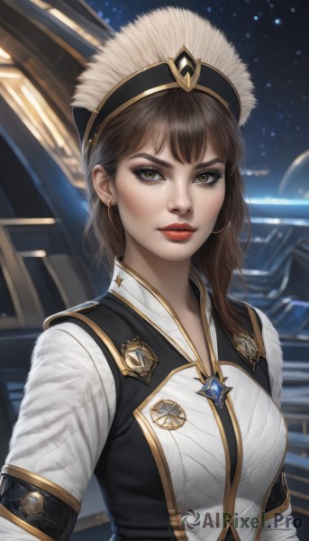 1girl,solo,long hair,breasts,looking at viewer,bangs,brown hair,shirt,hat,brown eyes,jewelry,medium breasts,closed mouth,white shirt,upper body,earrings,necklace,uniform,vest,lips,makeup,lipstick,star (sky),science fiction,hoop earrings,realistic,nose,red lips,space,gem