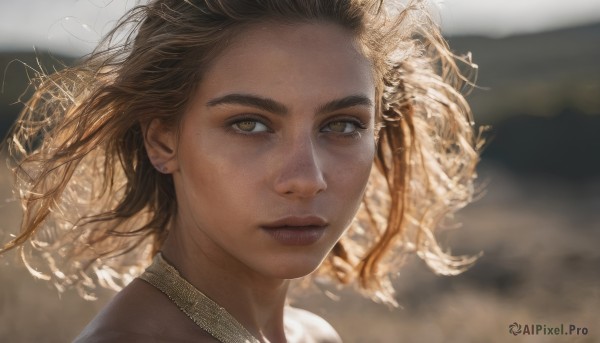 1girl,solo,looking at viewer,short hair,brown hair,brown eyes,jewelry,closed mouth,earrings,dark skin,blurry,dark-skinned female,lips,floating hair,depth of field,blurry background,wind,portrait,freckles,realistic,nose,yellow eyes,outdoors,eyelashes,expressionless,messy hair,close-up,stud earrings