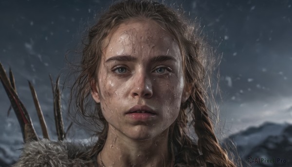 1girl,solo,long hair,looking at viewer,blue eyes,brown hair,jewelry,closed mouth,weapon,braid,outdoors,sky,blurry,lips,wet,grey eyes,blurry background,portrait,snow,rain,snowing,realistic,nose,arrow (projectile),wet hair,dirty,grey sky,blonde hair,fur trim,blood,expressionless,close-up,bow (weapon),quiver