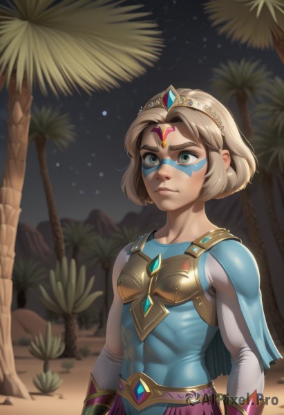 1girl,solo,breasts,short hair,blonde hair,gloves,long sleeves,closed mouth,green eyes,upper body,small breasts,outdoors,sky,artist name,cape,armor,tree,lips,bodysuit,mask,muscular,night,abs,tiara,gem,star (sky),circlet,nose,palm tree,muscular female,domino mask,brown hair,facial mark,facepaint