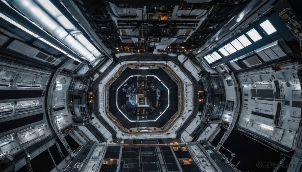 indoors,no humans,window,from above,scenery,science fiction,cable,space,spacecraft,cockpit,solo,floating,machinery,wide shot,planet,spacesuit,very wide shot