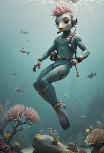 1girl,solo,looking at viewer,short hair,blue eyes,1boy,jewelry,full body,pink hair,male focus,belt,bodysuit,colored skin,fish,bubble,underwater,anklet,blue skin,air bubble,swimming,fins,diving mask,turtle,coral,wetsuit,clownfish,brown eyes,barefoot,artist name,water,bracelet,bird,furry,headset,light rays,rock,dolphin