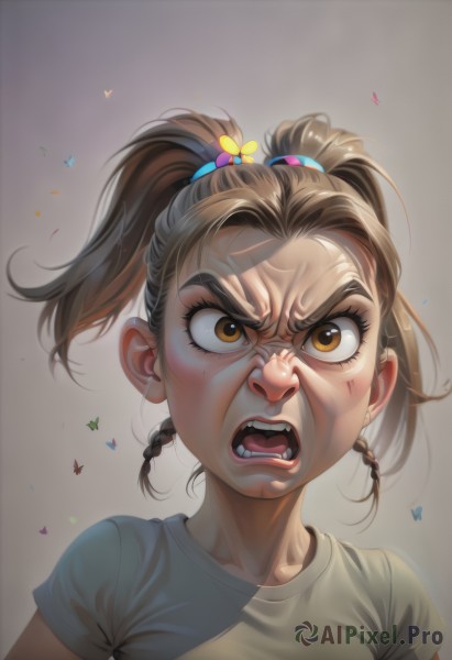 1girl,solo,looking at viewer,open mouth,bangs,simple background,brown hair,shirt,hair ornament,twintails,brown eyes,white shirt,upper body,braid,flower,short sleeves,teeth,artist name,hair flower,grey background,twin braids,v-shaped eyebrows,bug,t-shirt,butterfly,portrait,angry,forehead,freckles,realistic,hair tie,female child,shouting,lips,eyelashes,nose