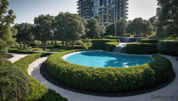 outdoors,sky,day,cloud,water,tree,no humans,bird,grass,building,nature,scenery,reflection,city,road,ruins,bridge,river,skyscraper,overgrown,real world location,post-apocalypse,bush,waterfall