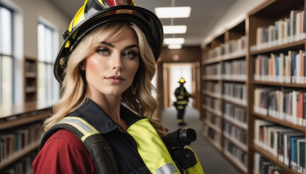 1girl,solo,long hair,looking at viewer,blonde hair,shirt,hat,animal ears,brown eyes,closed mouth,jacket,upper body,indoors,blurry,vest,lips,book,black headwear,depth of field,blurry background,helmet,baseball cap,realistic,nose,bookshelf,explosive,library,bangs,jewelry,green eyes,earrings,open clothes,makeup,wavy hair,freckles,camera