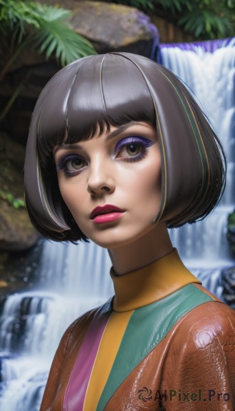 1girl,solo,looking at viewer,short hair,bangs,black hair,brown eyes,closed mouth,upper body,multicolored hair,outdoors,water,blurry,two-tone hair,lips,streaked hair,eyelashes,makeup,blurry background,bob cut,lipstick,multicolored clothes,eyeshadow,realistic,nose,eyeliner,waterfall,shirt,parted lips,green hair,artist name,signature,turtleneck,watermark,portrait,web address,pink lips,mascara