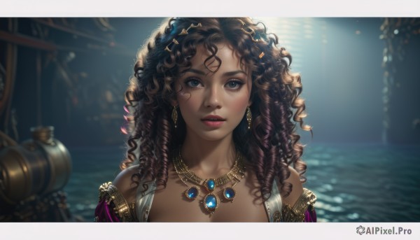 1girl,solo,long hair,looking at viewer,blue eyes,brown hair,black hair,hair ornament,bare shoulders,jewelry,closed mouth,collarbone,upper body,earrings,dark skin,necklace,blurry,dark-skinned female,lips,grey eyes,eyelashes,makeup,blurry background,wavy hair,messy hair,gem,portrait,curly hair,realistic,nose,red lips,watercraft,straight-on,gold,parted lips,water,depth of field,watermark,scenery,backlighting,pink lips