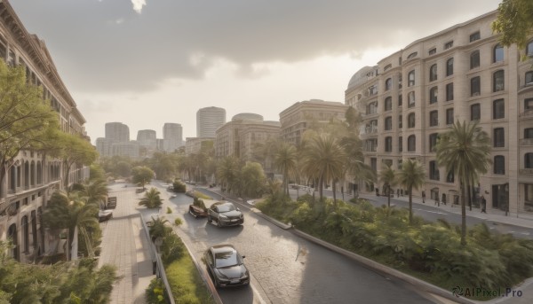 outdoors,sky,day,cloud,tree,no humans,window,shadow,cloudy sky,grass,plant,ground vehicle,building,scenery,motor vehicle,city,palm tree,car,road,bush,cityscape,house,vehicle focus,lamppost,street,skyscraper,truck