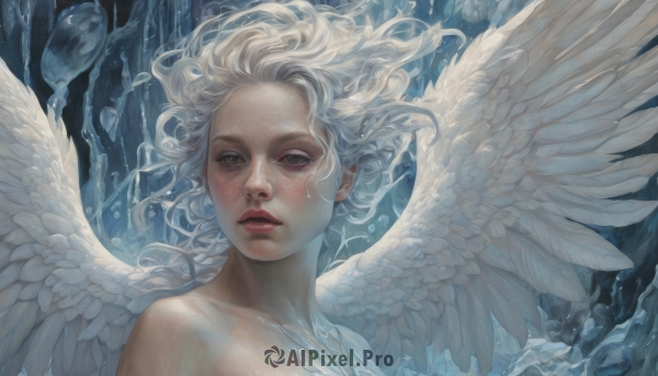 1girl,solo,long hair,looking at viewer,upper body,white hair,nude,parted lips,wings,lips,grey eyes,floating hair,wavy hair,portrait,feathered wings,freckles,angel wings,realistic,white wings,angel,red lips,blush,water,ice