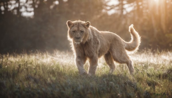 solo,full body,outdoors,day,signature,blurry,no humans,depth of field,blurry background,animal,sunlight,grass,nature,dog,realistic,animal focus,looking at viewer,standing,tree,forest