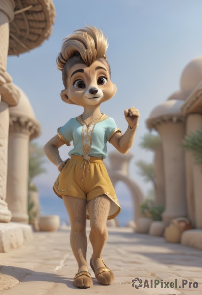 1girl,solo,looking at viewer,smile,short hair,blonde hair,brown hair,shirt,1boy,animal ears,brown eyes,closed mouth,standing,full body,short sleeves,male focus,multicolored hair,outdoors,sky,shorts,day,artist name,hand up,signature,blurry,two-tone hair,blue sky,hand on hip,blurry background,sandals,blue shirt,child,furry,walking,furry female,female child,male child,brown shorts,flip-flops,tree,watermark,clenched hand,web address,sand,furry male,statue,mohawk,coconut