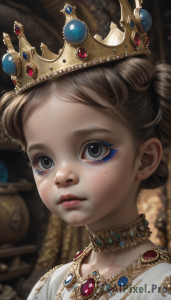 1girl,solo,looking at viewer,short hair,blue eyes,blonde hair,brown hair,jewelry,parted lips,choker,artist name,necklace,hair bun,mole,blurry,black eyes,lips,grey eyes,eyelashes,mole under eye,double bun,makeup,blurry background,crown,lipstick,gem,child,portrait,eyeshadow,freckles,red lips,female child,gold,bangs,dress,closed mouth,depth of field,expressionless,realistic,blue gemstone,mascara